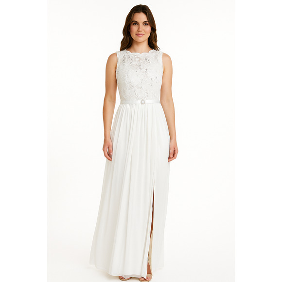 R‎ & M Richards Sequined Lace Chiffon Gown Ivory Taupe Size 12 Maxi Sleeveless - Picture 1 of 7